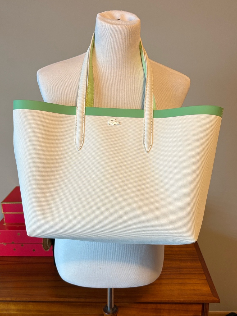 Lacoste White/Green Reversible Anna Tote